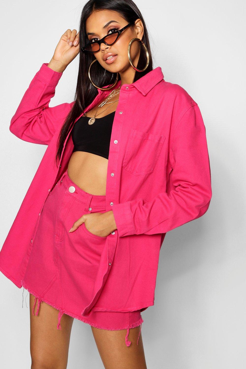 Bright pink denim skirt and outlet jacket